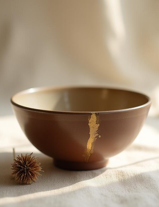 Nærbillede af en keramisk skål repareret med guld ved siden af en tørret blomst