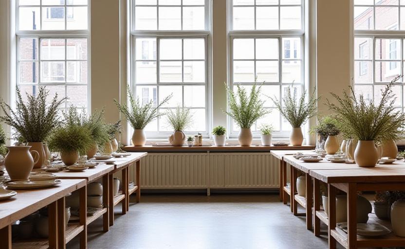 Interiør fra Kintsugi Blooms værksted med blomster og keramik