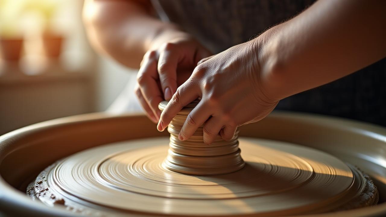 Hænder der former ler på en drejeskive i et lyst værksted