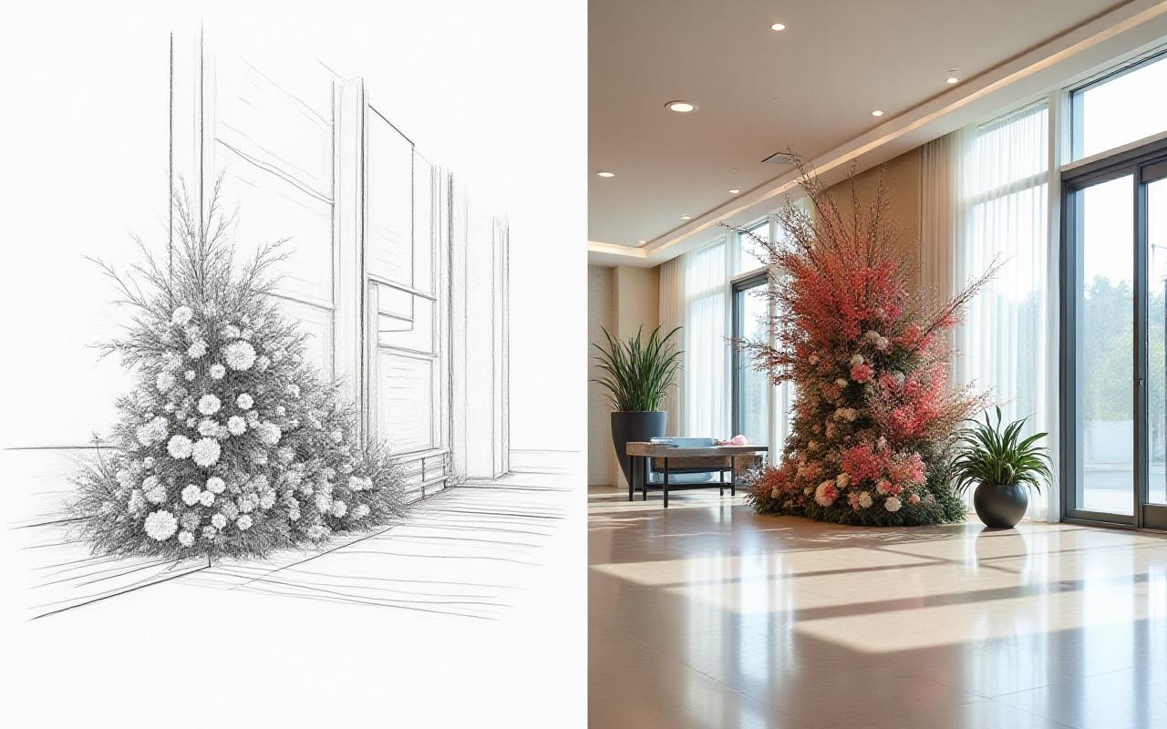 Skitse versus færdig installation i et kontormiljø