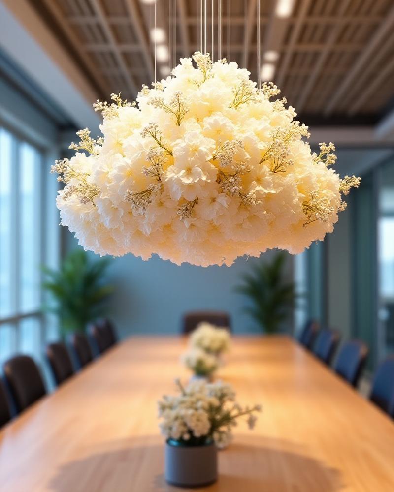 Hængende blomstersky over et mørkt egetræs mødebord