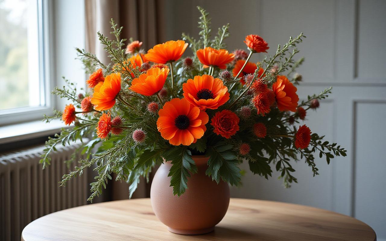 Stort asymmetrisk blomsterarrangement i en håndlavet keramisk vase
