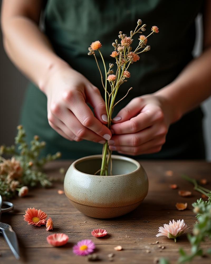 Florist fra Kintsugi Blooms i dyb koncentration ved et arbejdsbord