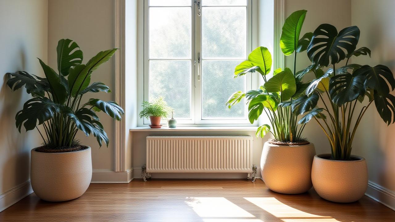 Lyst skandinavisk stueinteriør med frodige planter og håndlavet keramik