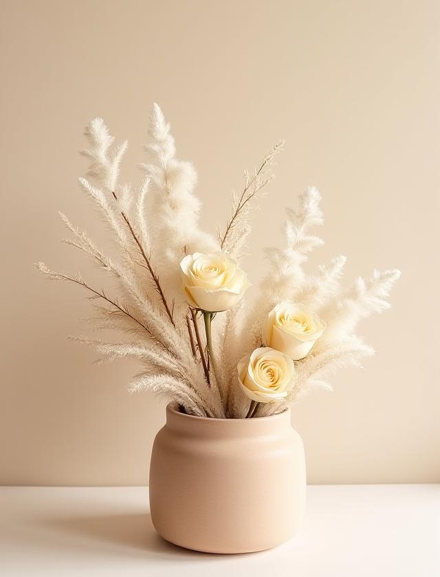 Sofistikeret blomsterarrangement i beige og rå hvide toner