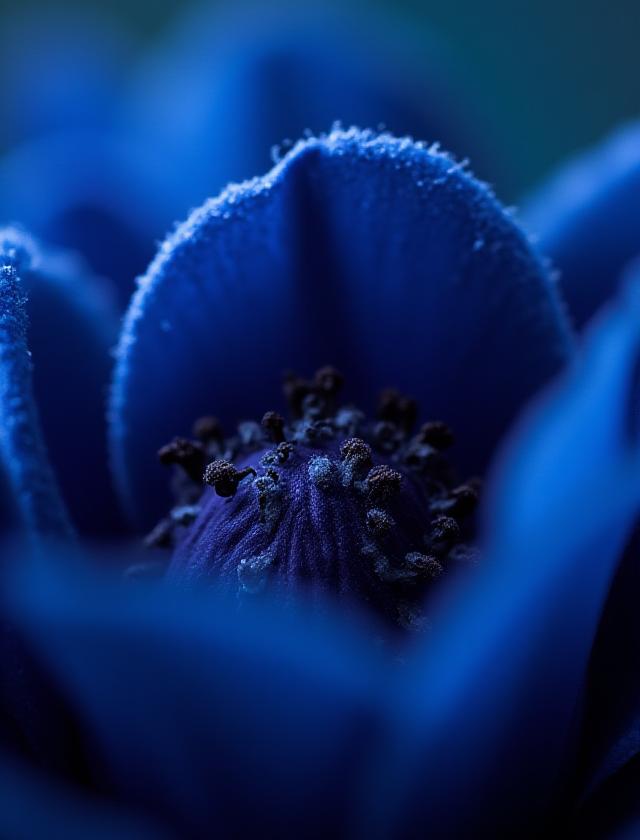 Tæt billede af mørkeblå kronblade og fløjlstekstur