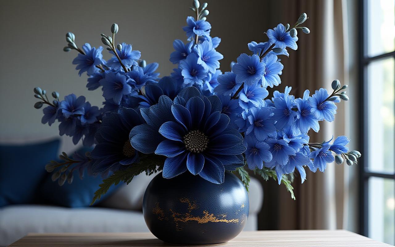 Indigo-tonet moderne blomsteropsætning i et nordisk miljø