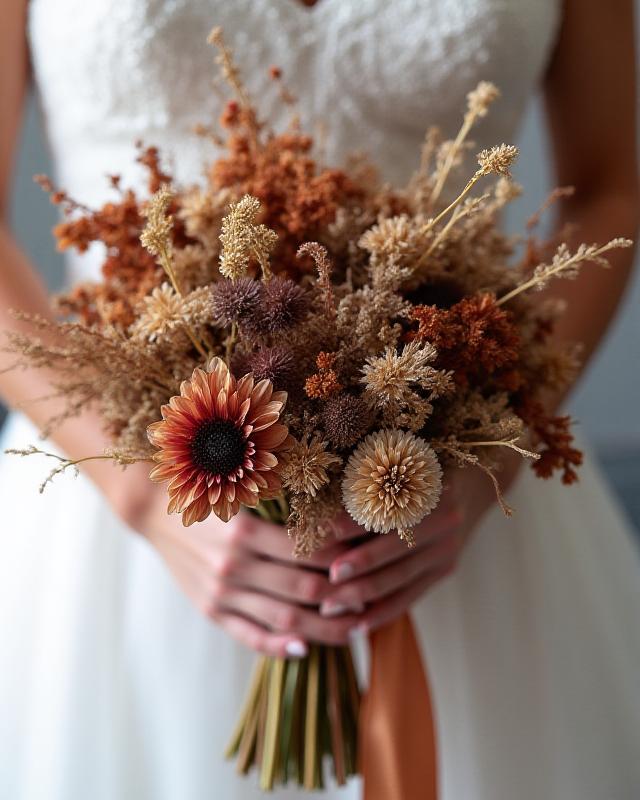 Utraditionel og kunstnerisk brudebuket med vilde teksturer