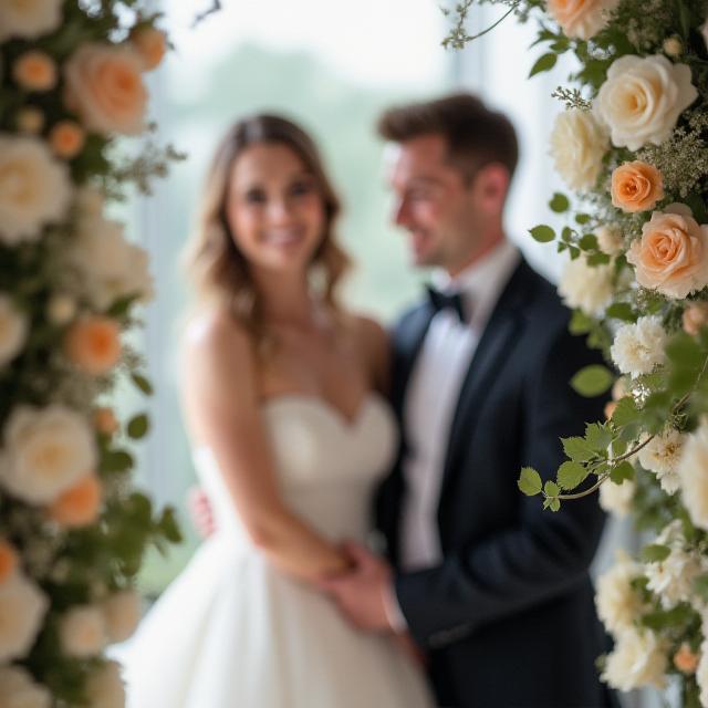 Et lykkeligt brudepar omgivet af Kintsugi Blooms installationer